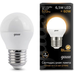 Лампа GAUSS LED Шар 6,5W 220V E27 2700K 520Lm