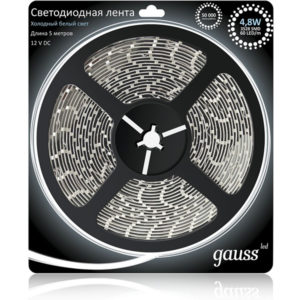 Лента LED 2835/120-SMD 48W 12V DC холодный белый IP20 (блистер 5м) GAUSS