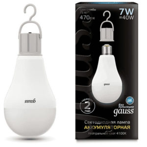 Лампа GAUSS LED A60  7W E27 4100K 470Lm с Li-Ion аккумулятором