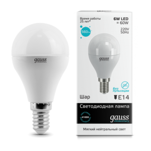 Лампа Gauss Elementary LED  Шар 6W 220V E14 4100K 450Lm