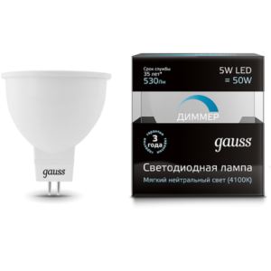 Лампа GAUSS LED DIMMER MR16 5W 220V GU5.3 4100K 530Lm