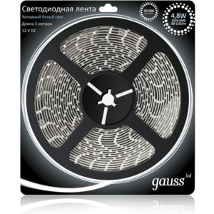 Лента LED 2835/60-SMD 24W 12V DC холодный белый IP20 (блистер 5м) GAUSS