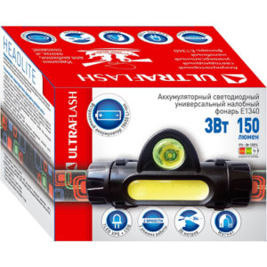 Фонарь Ultraflash E1340 (фонарь налоб. аккум 3,7В, черный, XPE + COB LED, 3 Ватт, 2 реж., магнит, бо