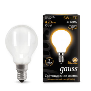 Лампа GAUSS LED Filament Шар OPAL 5W Е14 2700К 420Lm