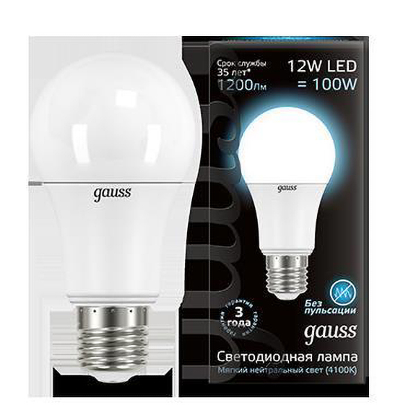 Лампа GAUSS LED A60 12W 220V E27 4100K 1200Lm