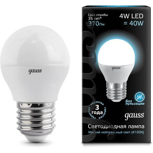 Лампа Gauss LED Шар 4W 220V E27 4100K 370Lm