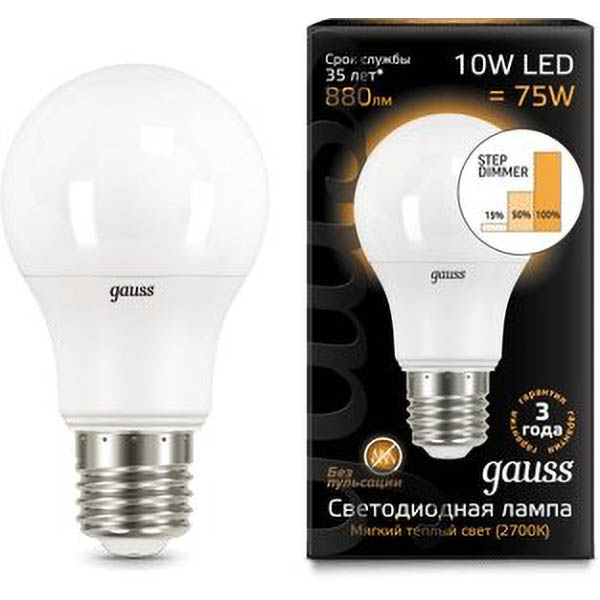 Лампа GAUSS LED DIMMER (STEP) A60 10W E27 2700K 880Lm