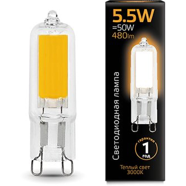 Лампа Gauss LED G9 AC220-240V 5.5W 480lm 3000K Glass 1/10/200